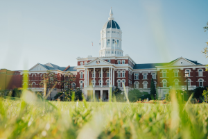 A low-angle view of Jesse Hall through the grass.