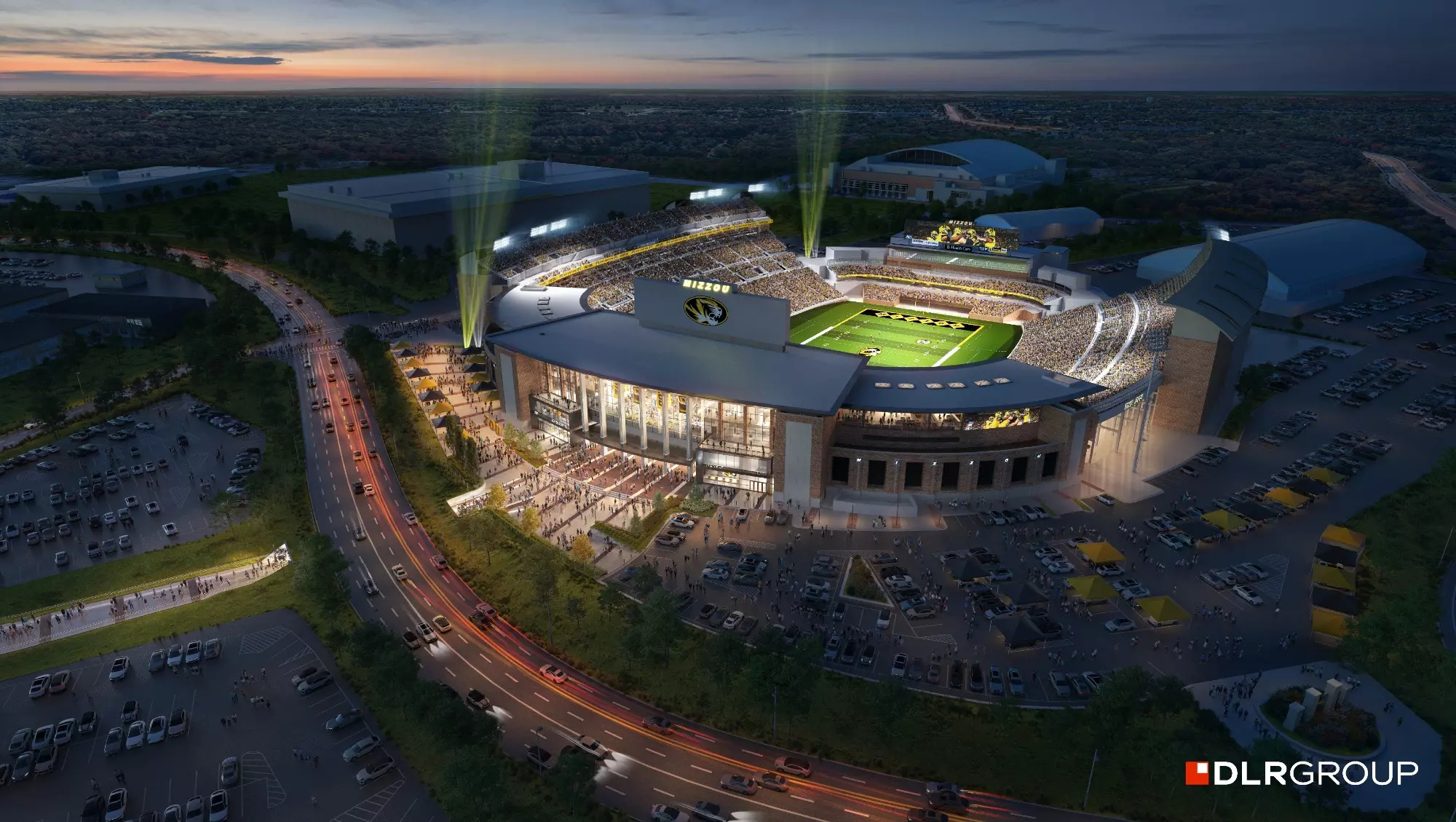 Aerial view of proposed Memorial Stadium Centennial Project, showing the football field sitting alongside Stadium Blvd.
