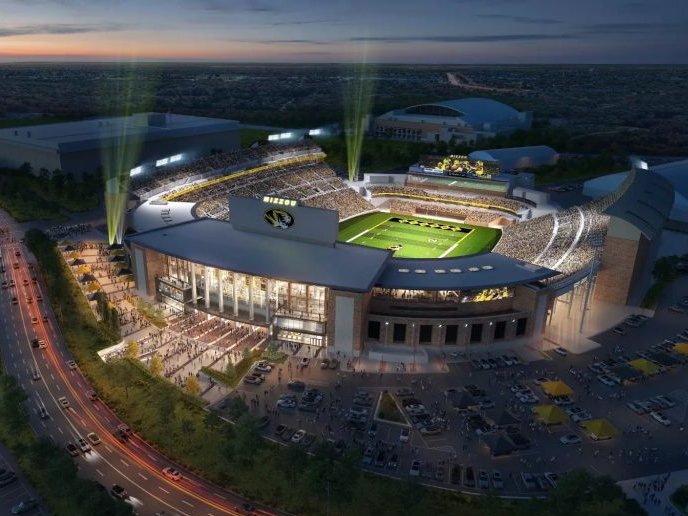 Aerial view of proposed Memorial Stadium Centennial Project, showing the football field sitting alongside Stadium Blvd.