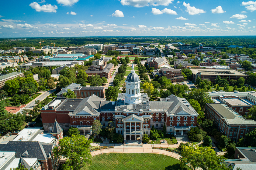 Drone shot of Campus with Jesse Hall at the forefront